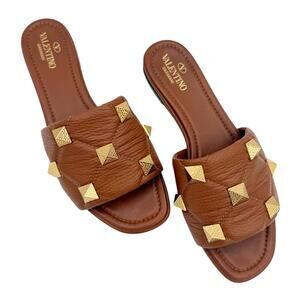Valentino Garavani Roman Stud Slide Sandals EU 38.5 US 8.5 Brown Leather Mule